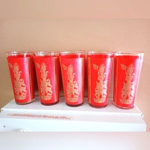 Vintage Culver Red Gold Siam Thai Goddess High Ball Glasses Tumblers 1960s